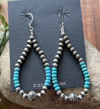 Load image into Gallery viewer, Sterling Silver Blue Turquoise Bead W Pearls Loop Hoop Earrings.