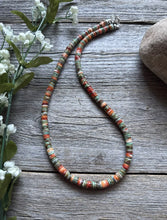 Load image into Gallery viewer, Sterling Silver Orange Spiny Oyster Green Turquoise Heishi Bead Necklace 18 inch