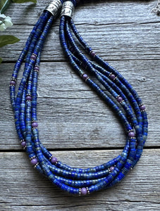 Sterling Silver Multi Strand Stone Lapis Purple Charoite Bead Necklace. 26 inch