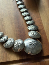Load image into Gallery viewer, Navajo Sterling Silver Turquoise Stamped Pillow Beads Bead Necklace Earrings 22”
