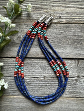 Load image into Gallery viewer, Sterling Silver Multi Strand Stone Lapis Spiny Turquoise Bead Necklace. 20 inch