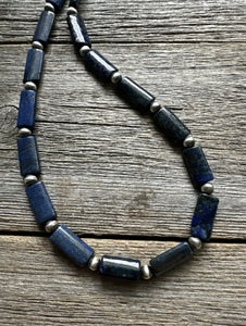Sterling Silver Lapis Pearls Bead Necklace. 18 inch