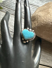 Load image into Gallery viewer, Native American Sterling Silver Blue Turquoise Adjustable Heart Ring. AM