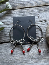Load image into Gallery viewer, Sterling Silver Bow Red Coral Pearls Hoop Bead Earrings 3.5 Inch