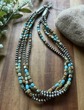 Load image into Gallery viewer, Sterling Silver Multi Strand Blue Green Turquoise Nuggets Pearls Bead Necklace