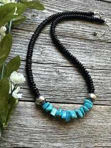 Mens Sterling Silver Black Onyx Turquoise Bead Necklace. 18 Inch