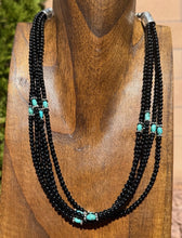 Load image into Gallery viewer, Sterling Silver Multi Strand Black Onyx Turquoise Bead Necklace. 22 Inch
