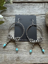 Load image into Gallery viewer, Sterling Silver Bow Blue Turquoise Pearls Hoop Bead Earrings 3.5 Inch