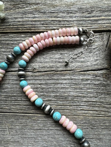 Sterling Silver Pink Conch Blue Turquoise Bead Necklace 20 Inch. Gift