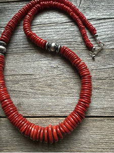 Southwestern Sterling Silver Graduated Bamboo Red Coral Bead Necklace 28 inch