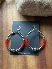 Load image into Gallery viewer, Sterling Silver Red Coral Bead W Pearls Loop Hoop Earrings.
