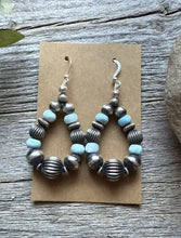 Load image into Gallery viewer, Sterling Silver Blue Larimar W Pearls Bead Loop Corrugated Earrings. 2.4 Inch