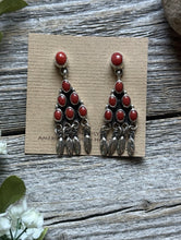 Load image into Gallery viewer, Navajo Native American Sterling Silver Red Coral Cluster Earrings. Gift Geneva