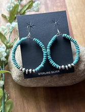 Load image into Gallery viewer, Sterling Silver Blue Turquoise Bead W Pearls Loop Hoop Earrings.