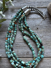 Load image into Gallery viewer, Sterling Silver Multi Strand Blue Green Turquoise Stone Bead Necklace 24 inch