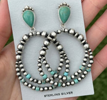 Load image into Gallery viewer, Navajo 925 Sterling Silver Turquoise Pearl Double Loop Earrings. 2.75 Inch AP