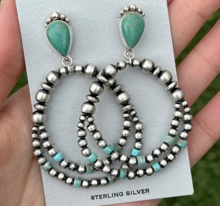 Navajo 925 Sterling Silver Turquoise Pearl Double Loop Earrings. 2.75 Inch AP