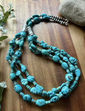 Load image into Gallery viewer, Sterling Silver Multi Strand Turquoise Nuggets Bead Necklace. 28 inch. Gift