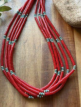 Load image into Gallery viewer, Sterling Silver Multi Strand Heishi Bamboo Coral Turquoise Bead Necklace 22 Inch