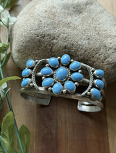 Load image into Gallery viewer, Native American Sterling Silver Blue Turquoise Cluster Cuff Bracelet RB