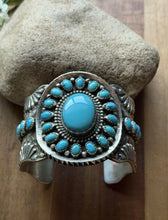 Load image into Gallery viewer, Navajo Native Sterling Silver Blue Turquoise Cluster Cuff Bracelet Signed Gift