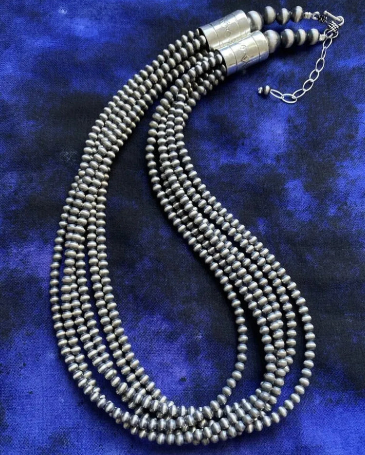 4mm Multi Strand 925 Sterling Silver Oxidized Pearls Bead Necklace 32 Inch