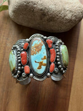 Load image into Gallery viewer, Navajo Native American Sterling Silver Royston Turquoise Coral Cuff Bracelet CY