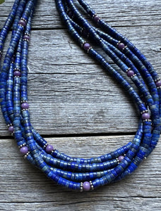 Sterling Silver Multi Strand Stone Lapis Purple Charoite Bead Necklace. 26 inch