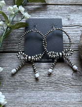 Load image into Gallery viewer, Sterling Silver Bow White Howlite Pearls Hoop Bead Earrings 3.5 Inch
