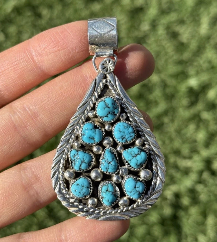 Navajo Native American Handmade Sterling Silver Turquoise Cluster Pendant Signed