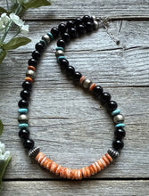 Load image into Gallery viewer, Sterling Silver Black Onyx Multi Stone Turquoise Spiny Bead Necklace 18 Inch