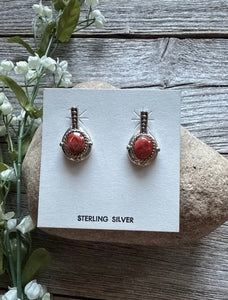 Navajo 925 Sterling Silver Red Spiny Oyster Handmade Earrings