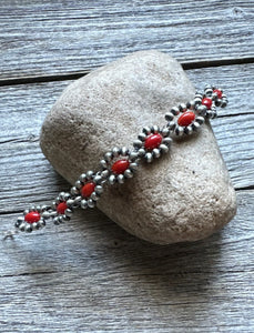 Floral Sterling Silver Red Bamboo Coral Pearls Bead Bracelet. 6 Inch