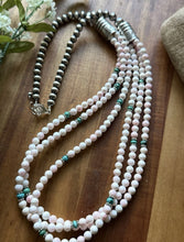 Load image into Gallery viewer, Sterling Silver Pink Conch Turquoise Pearls Multi Strand Bead Necklace. 30 Inch