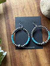 Load image into Gallery viewer, Sterling Silver Blue Turquoise Bead W Pearls Loop Hoop Earrings.