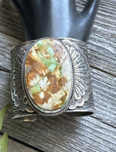 Load image into Gallery viewer, Sunshine Reeves Sterling Silver Green Royston Turquoise Cuff Bracelet. Navajo