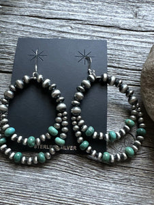 Southwestern SterlingSilver Green Turquoise Pearls Double Loop Earrings 2.5 Inch