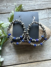 Load image into Gallery viewer, Southwestern Sterling Silver Blue Lapis Pearls Double Loop Earrings 2.5 Inch