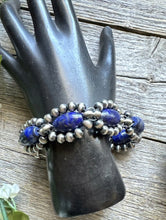 Load image into Gallery viewer, Floral Sterling Silver Blue Lapis Pearls Bead Bracelet. 8 Inch