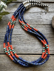 Sterling Silver Multi Strand Stone Lapis Bead Necklace. 24 inch