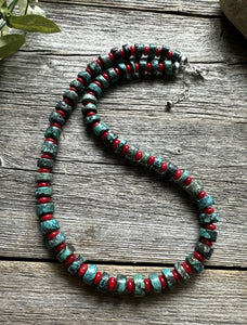 Sterling Silver Heishi Turquoise Coral Bead Necklace. 18 inch