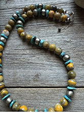 Load image into Gallery viewer, Sterling Silver Bumblebee Jasper Turquoise W Pearls Bead Necklace. 22 inch