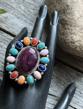 Load image into Gallery viewer, Navajo Sterling Silver Multi Stone Spiny Cluster Adjustable Ring. G James