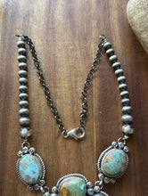 Load image into Gallery viewer, Navajo Sterling Silver Blue Green Royston Turquoise Lariat Pearls Naja Necklace