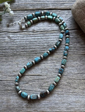 Load image into Gallery viewer, Sterling Silver Blue Green Turquoise Nuggets W Pearls Bead Necklace. 18 inch