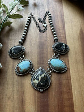 Load image into Gallery viewer, Navajo Sterling Silver Black Jack Kingman Turquoise Lariat Pearls Chain Necklace