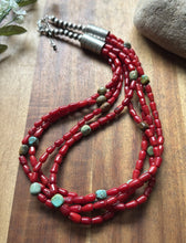 Load image into Gallery viewer, Sterling Silver Multi Strand Red Coral Turquoise Nuggets Bead Necklace 22 Inch