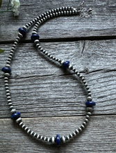 Load image into Gallery viewer, Southwestern Sterling Silver Lapis 4mm Pearls Bead Necklace. 18 Inch. Gift