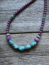 Load image into Gallery viewer, Southwestern 925 Sterling Silver Dyed Sugilite W Turquoise Bead Necklace 18 inch