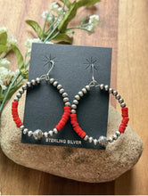 Load image into Gallery viewer, Sterling Silver Red Coral Bead W Pearls Loop Hoop Earrings.